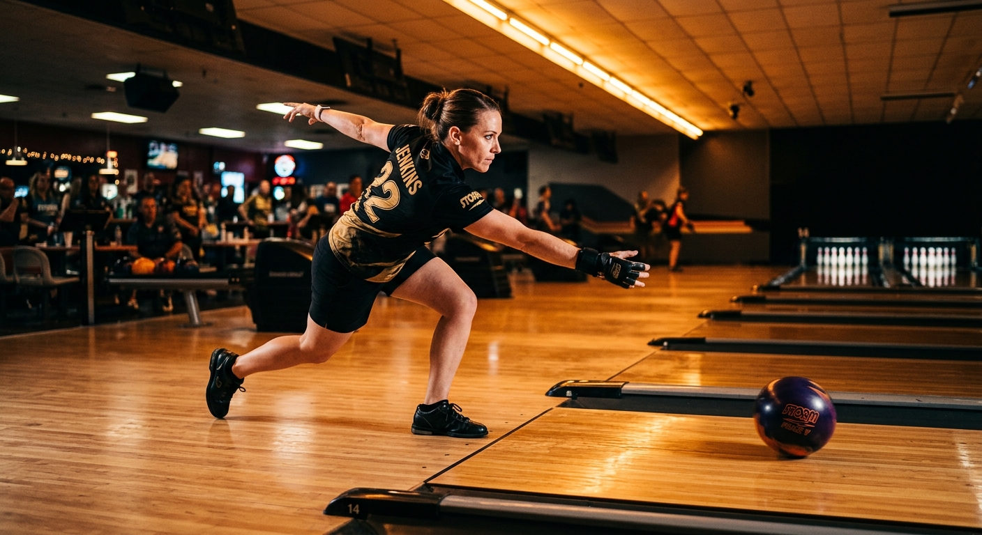 A bowler mid-release at the foul line, ball rolling toward the pins
